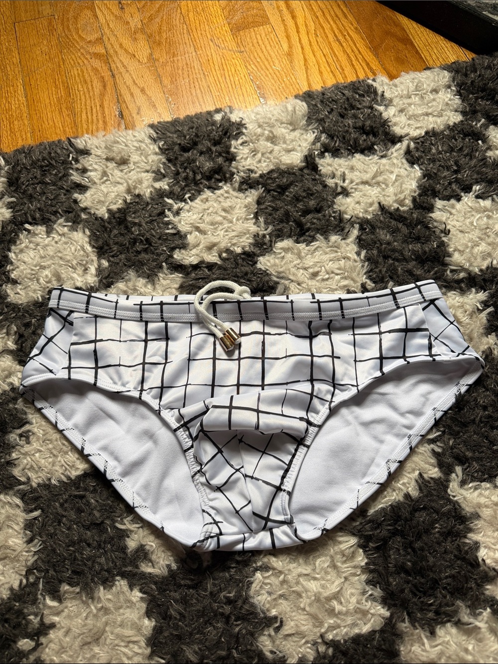 Men's White Grid Swim Trunks with Drawcord Waist